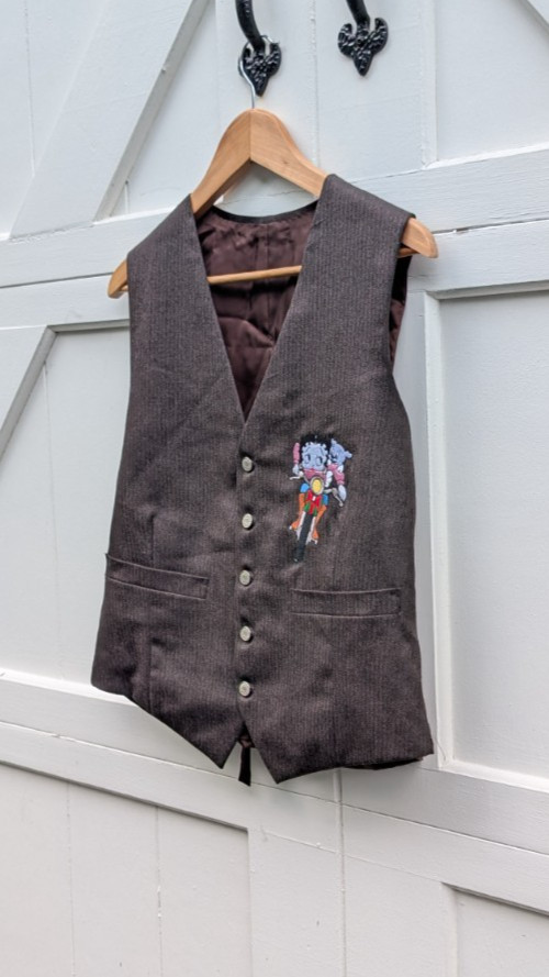 Vintage 1993 Too Cute Betty Boop Biker Vest Brown Herringbone Made in USA $148