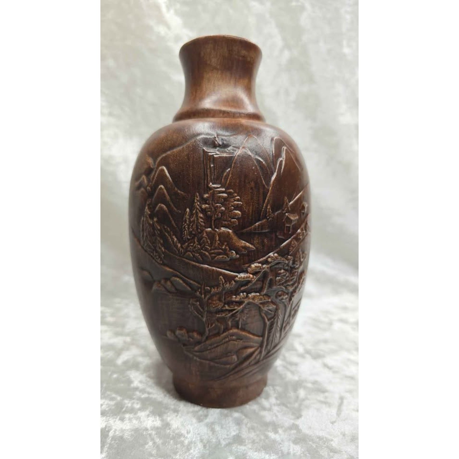 Vintage Hand Carved Resin Vase Signed R.S. Brown Landscape Floral Design Decor
