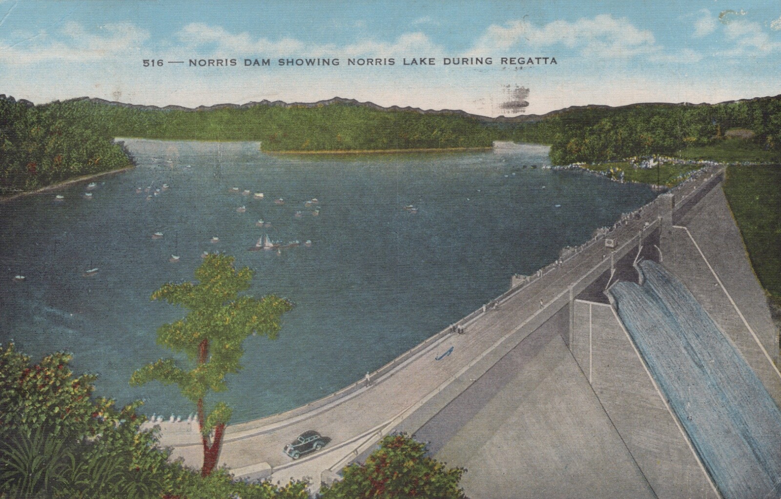 Norris Dam Showing Norris Lake During Regatta Posted Chrome Vintage Postcard