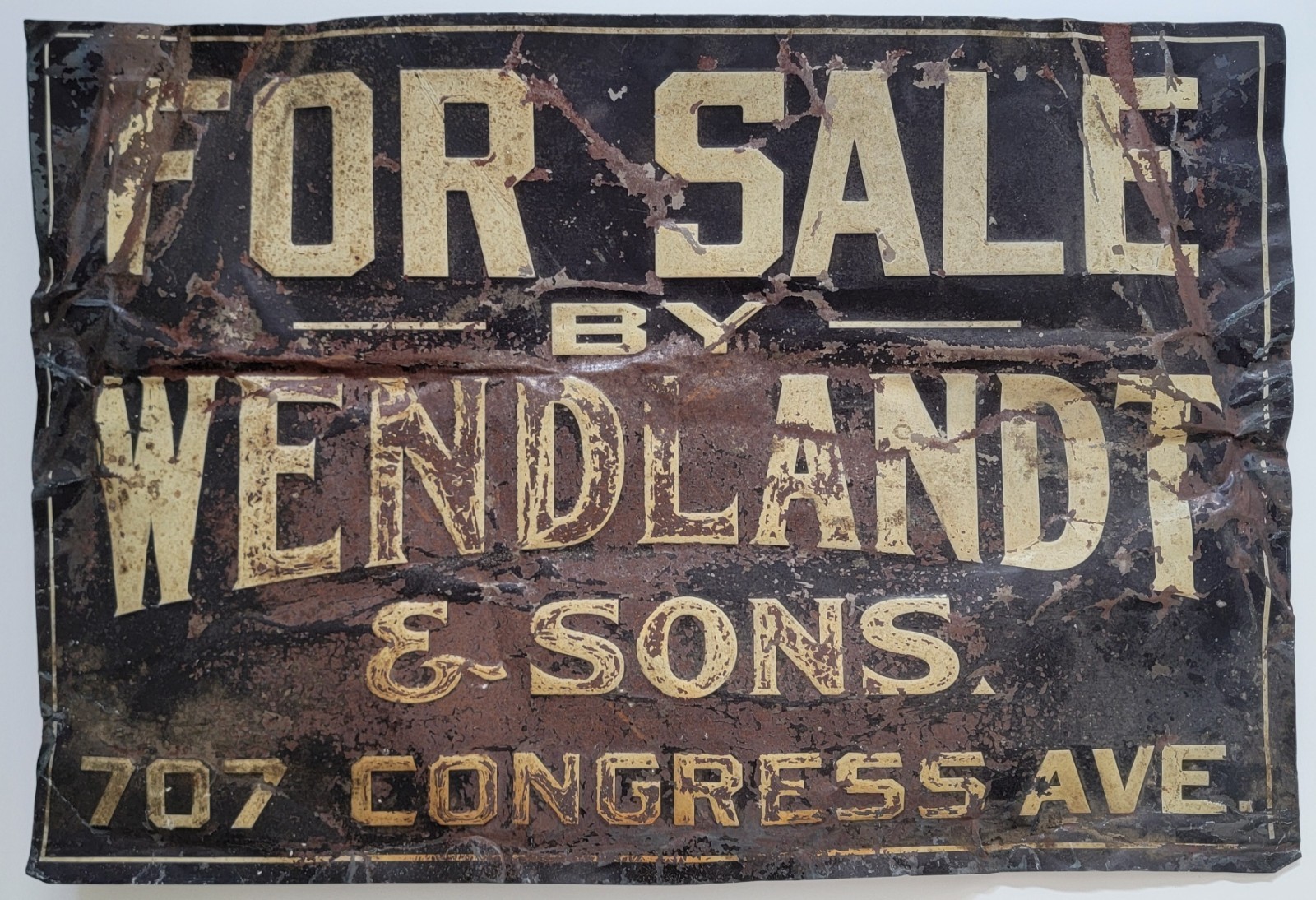 Antique c1910s Embossed Metal Sign FOR SALE by WENDLANDT & SONS Austin Texas