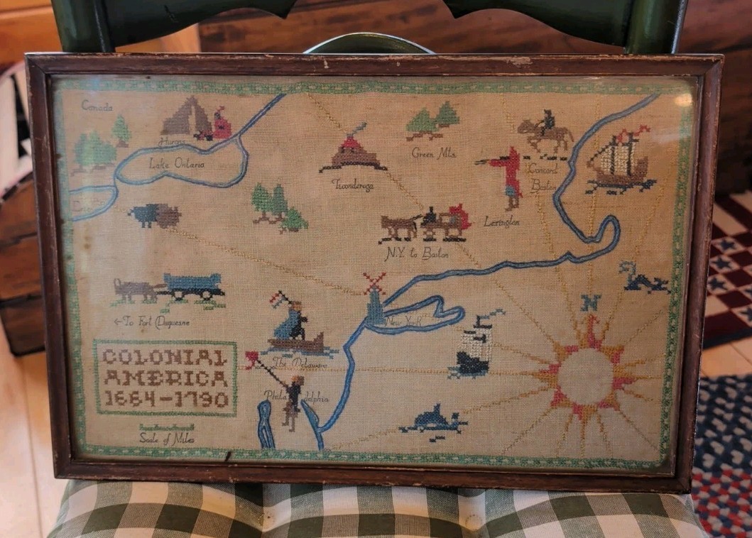 Antique Vintage 1930s Colonial America 1660-1790 Map Needlepoint Sampler
