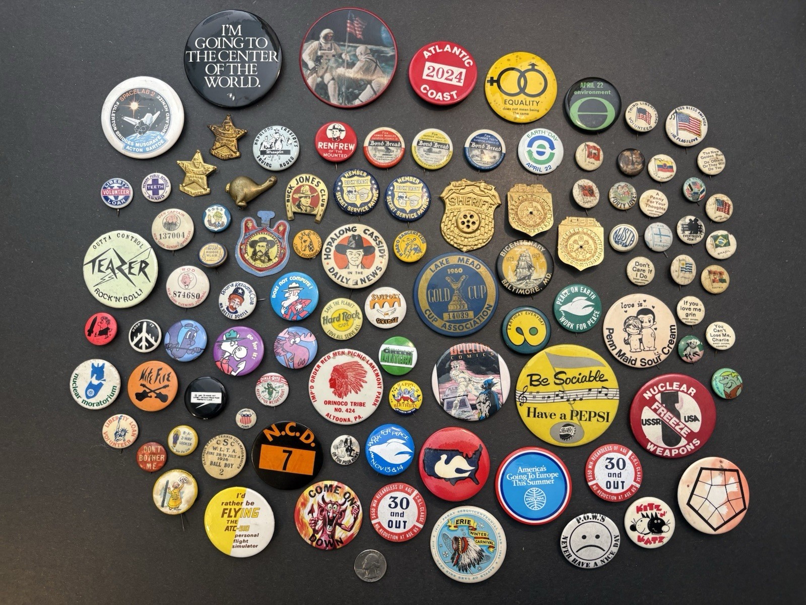 Huge Odd Lot Of 97 Pin Back Button Pins 