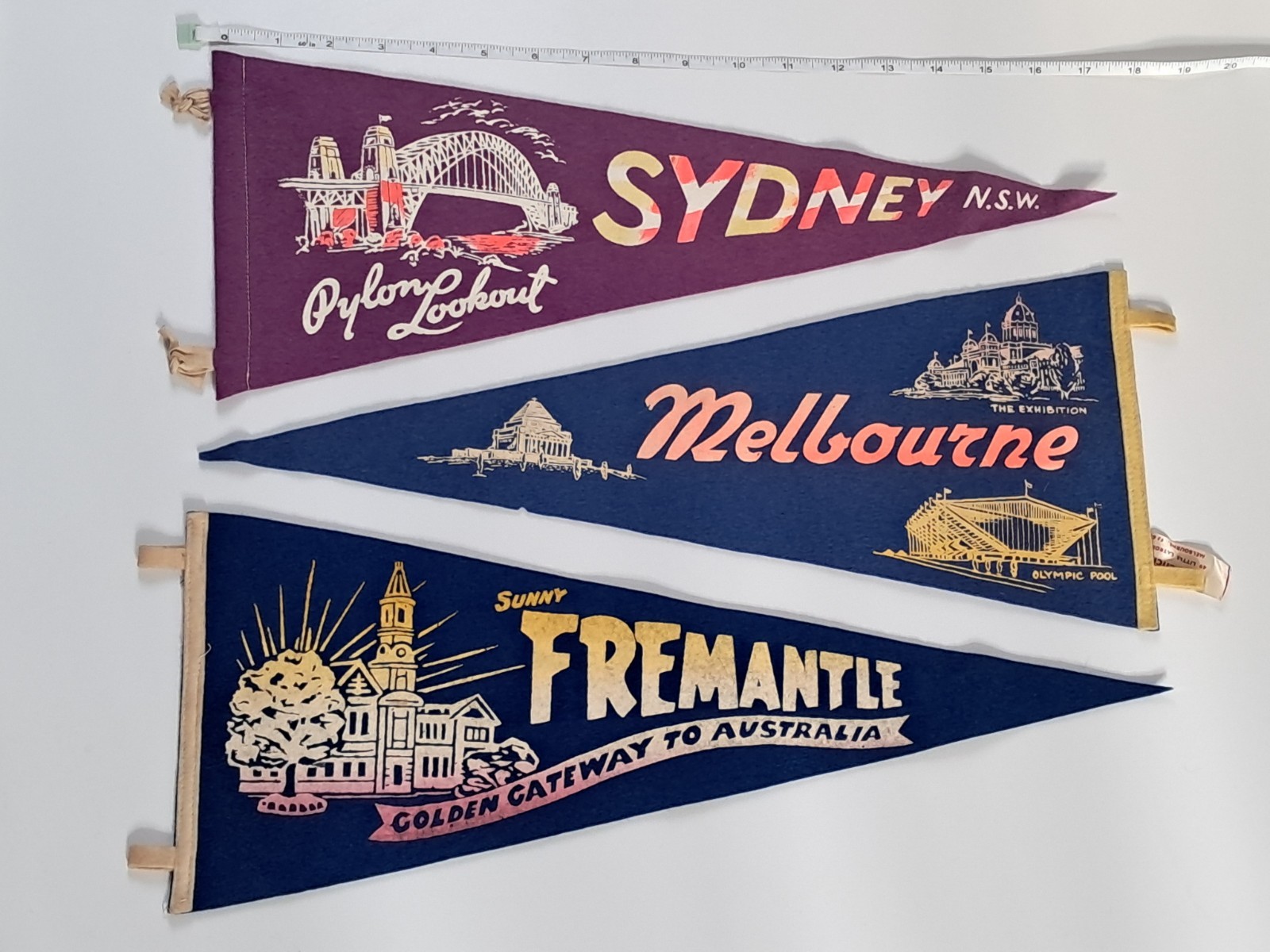 Vintage 1950s 3x Australia Pennants Flags Souvenir Sydney Melbourne Fremantle
