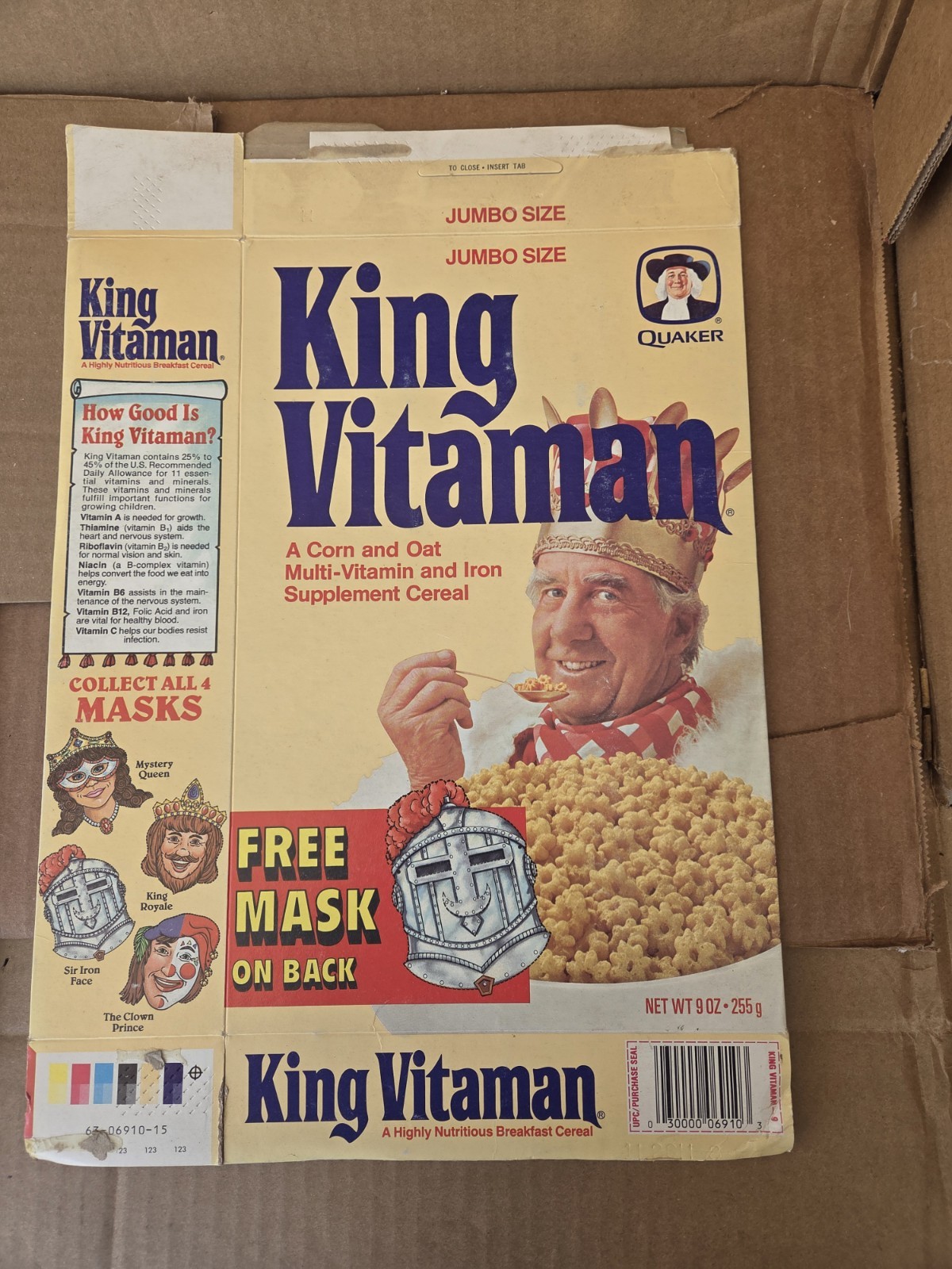 RARE QUAKER OATS KING VITAMAN EMPTY CEREAL BOX W/ FREE IRON MASK 1989