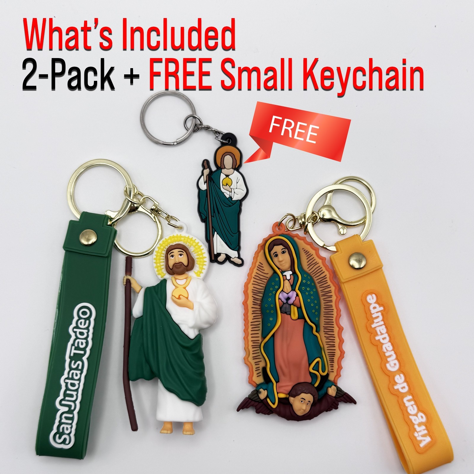 2-Pack Catholic Saint Keychains Virgen Guadalupe San Judas + 1 Free PVC Set