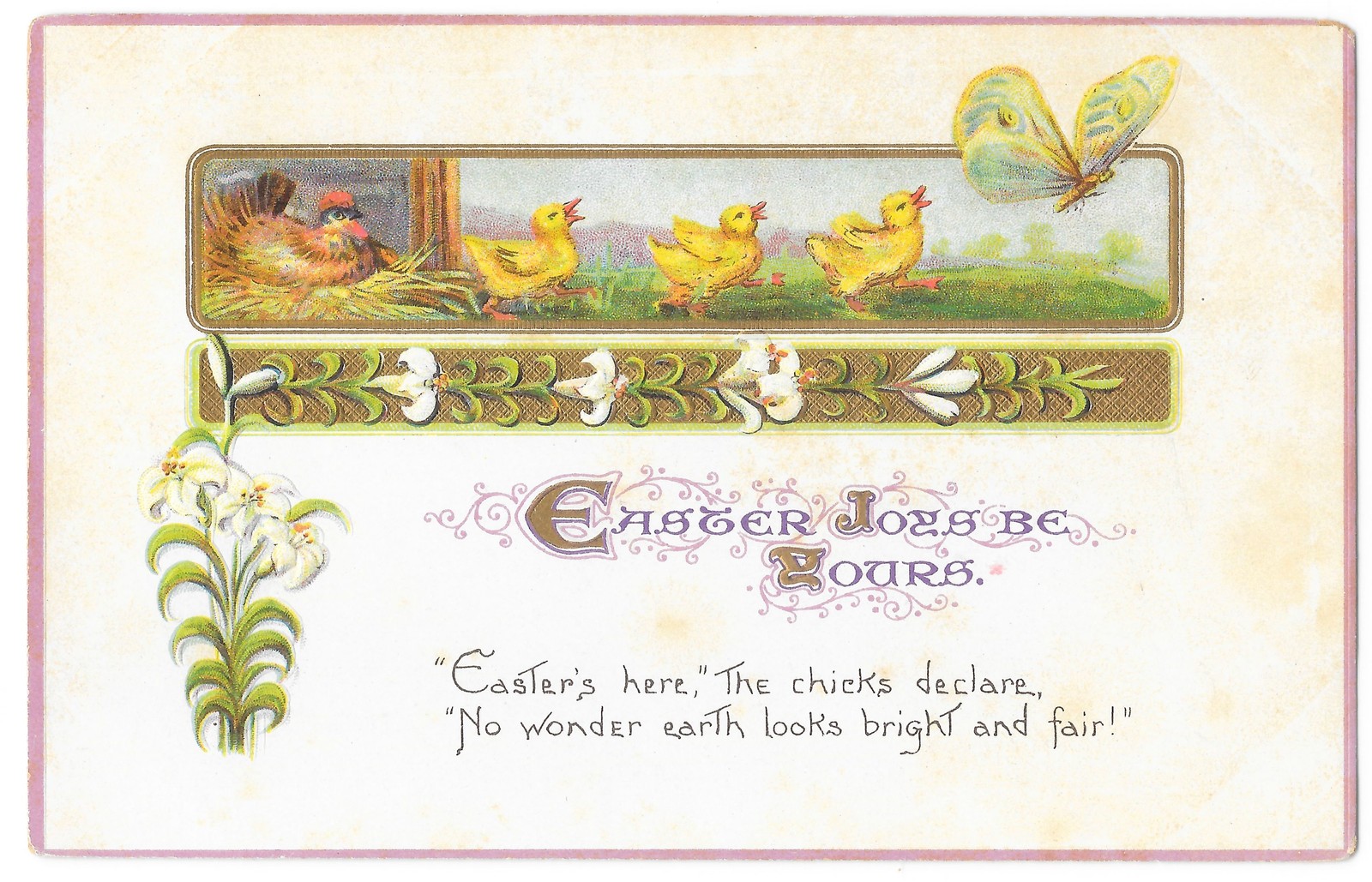 Easter Joys Be Yours Postcard Hen Chicks Butterfly Embossed c1914 Germany