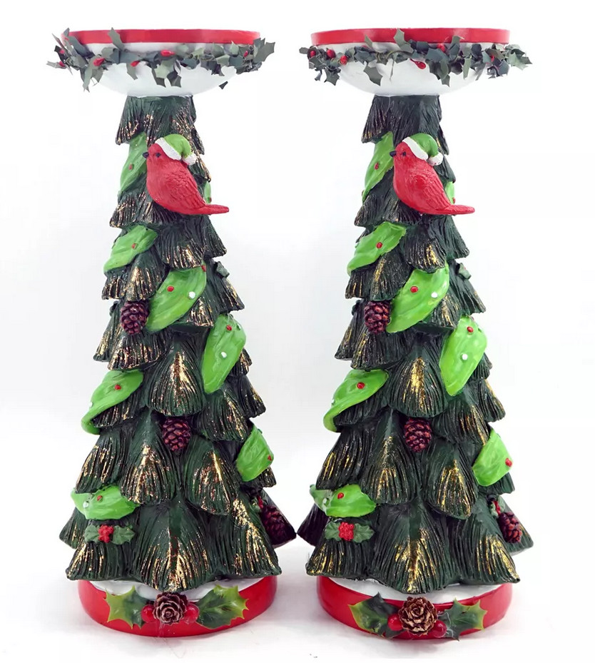 Temp-tations Pillar Holders, Set of 2, Resin,Trees, Cardinal,Candle Stick T49507