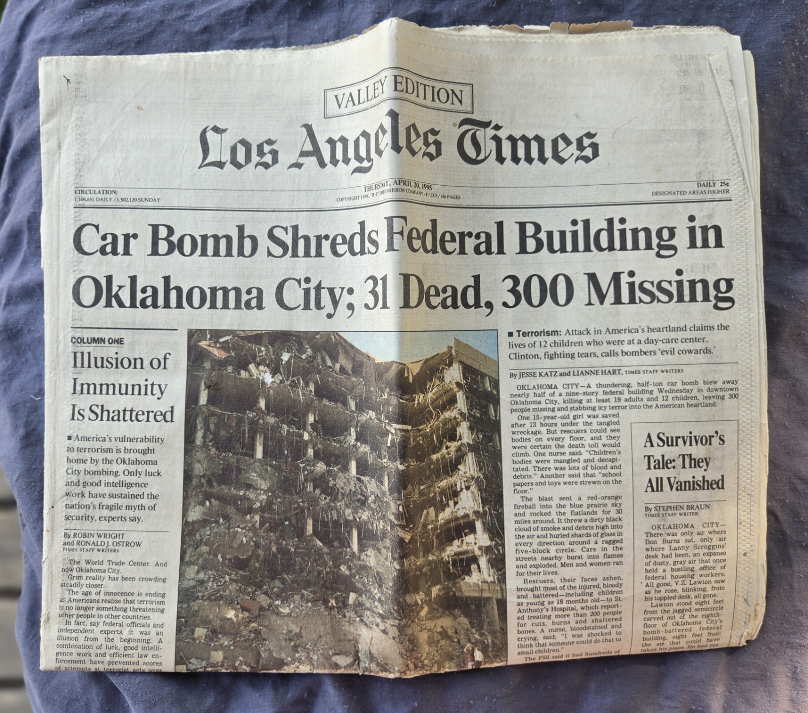 LA Times April 20 1995 Oklahoma City Bombing Newspaper Front Section Original De