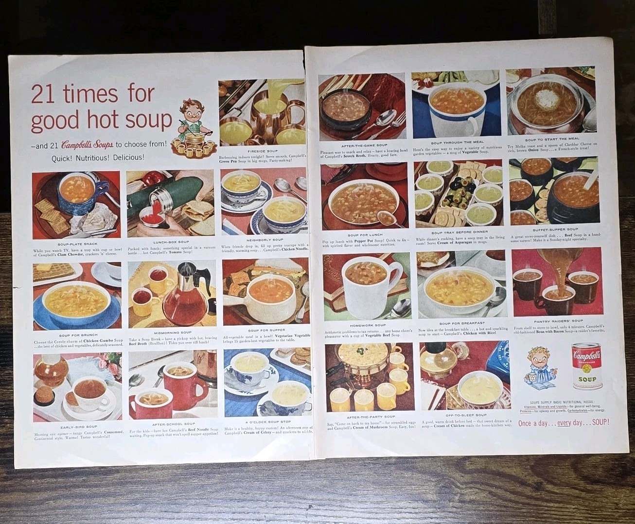 1956 Campbell\'s Soup Vintage Ad Print ~ 21 Times For Good Hot Soup ~ 2 Page Ad 