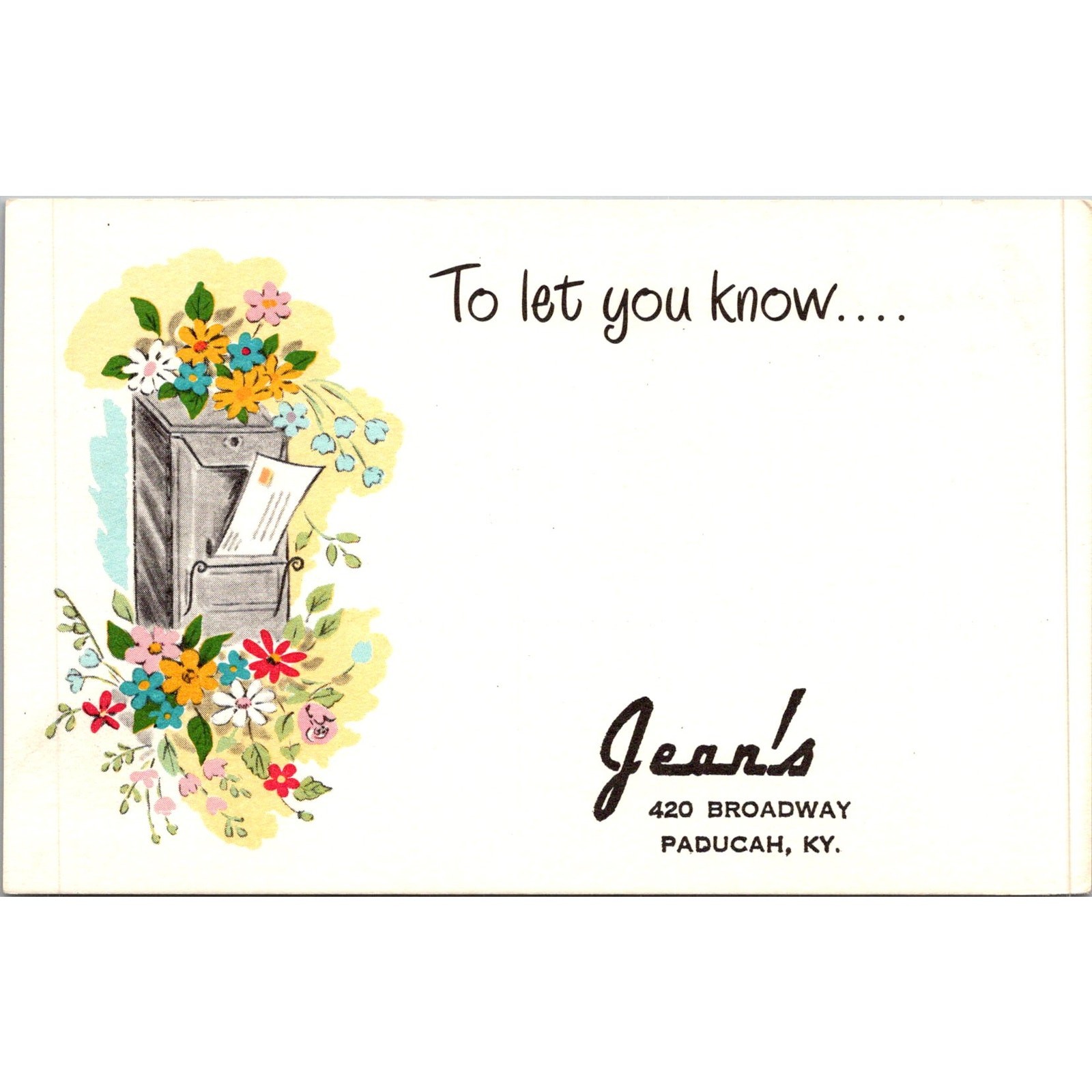 To Let You Know Jean\'s in Paducah KY Vintage Postcard SP17-2