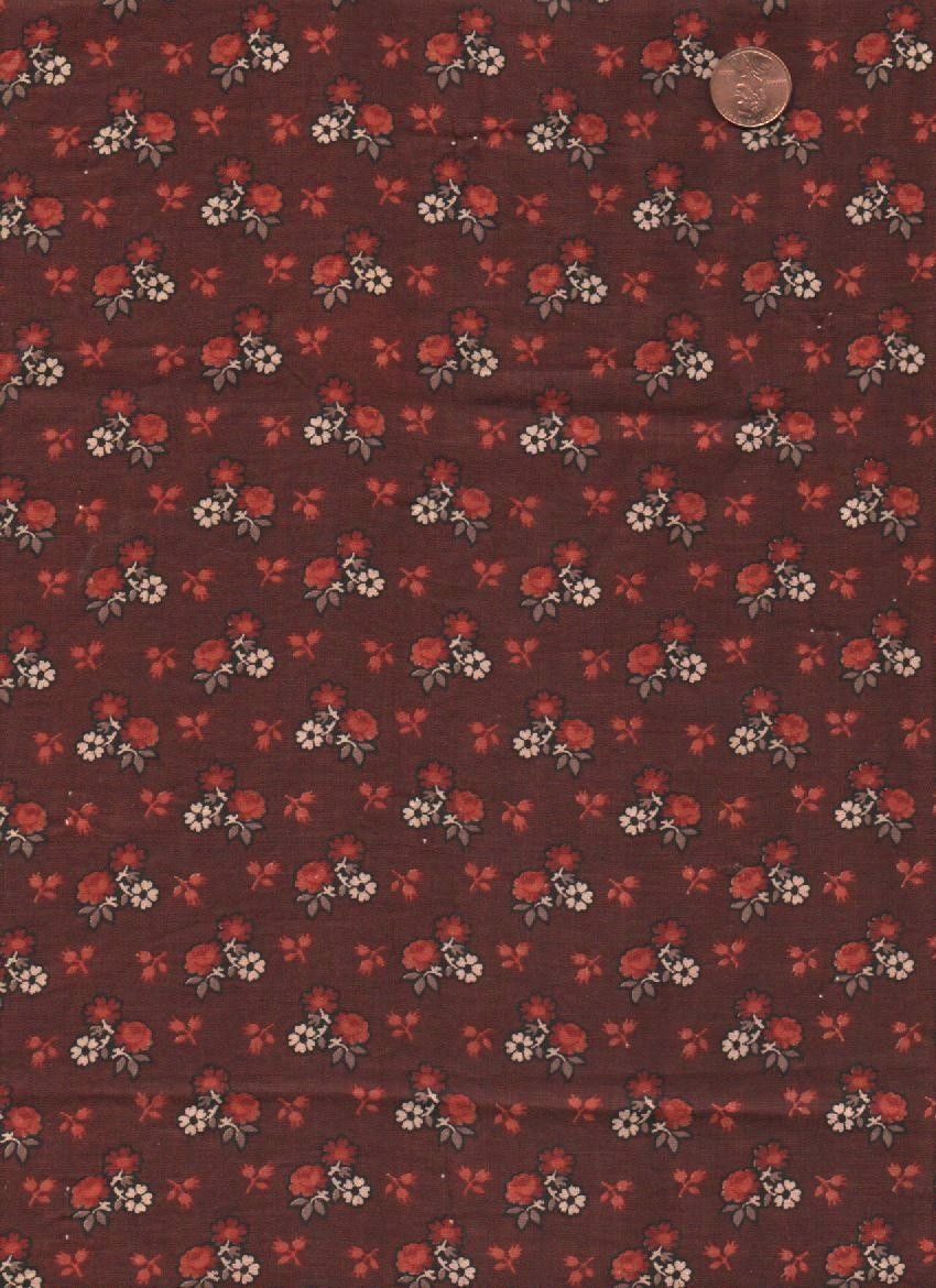 Antique 1870 Burnt Orange Rose Bud Floral Fabric