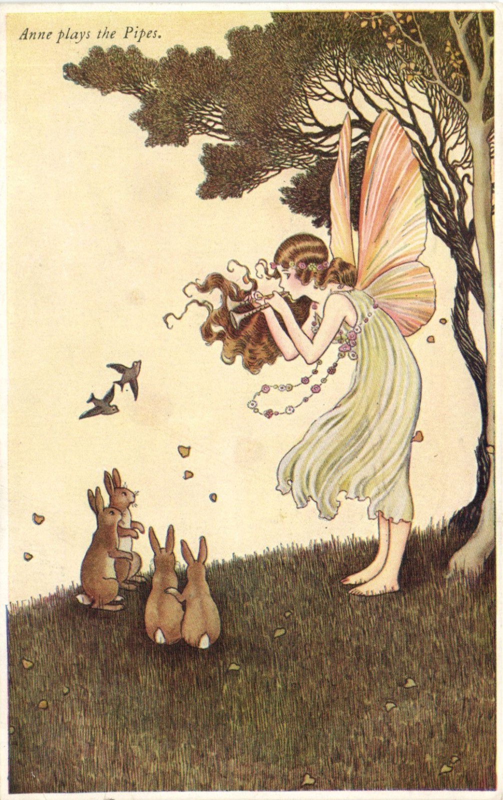 PC ARTIST SIGNED FAIRY TALES FANTASY ANNE PLAYS THE PIPES VINTAGE PC (b71259)