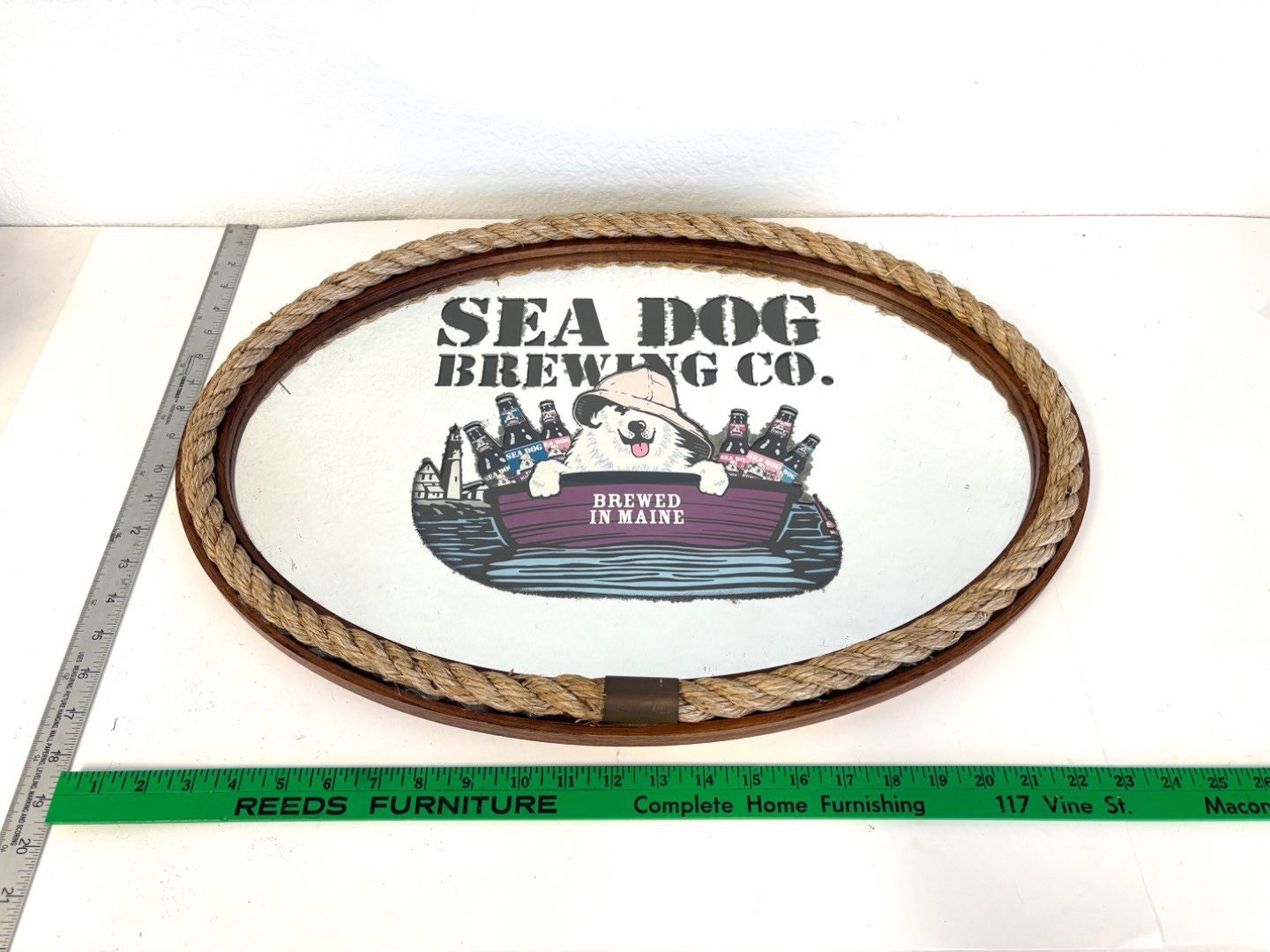 RARE Vintage Sea Dog Brewing Co Oval Bar Mirror Nautical Rope Frame 23”