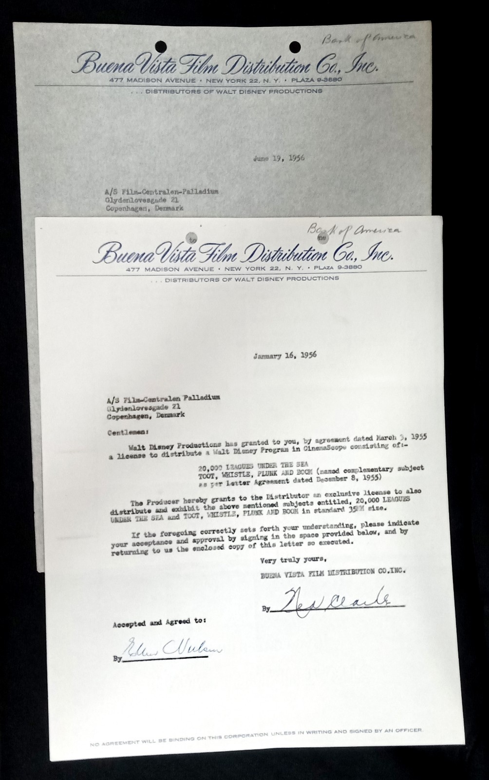 RARE 1956 WALT DISNEY / BUENA VISTA FILM DISTRIBUTION DOCUMENTS — 2-DOCUMENT LOT