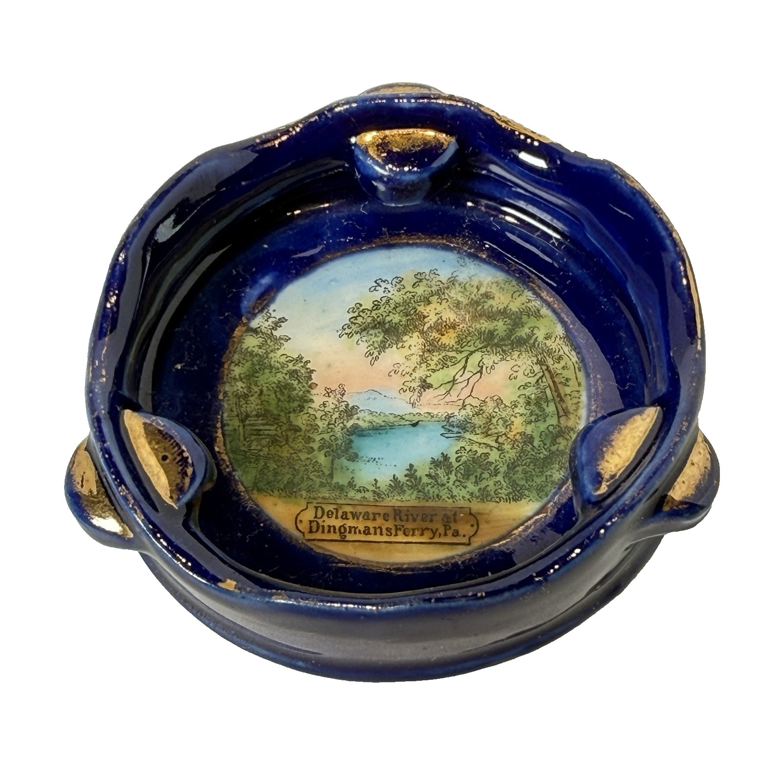 DINGMANSFERRY PA Antique DELAWARE RIVER Souvenir COBALT CHINA TRINKET ASHTRAY