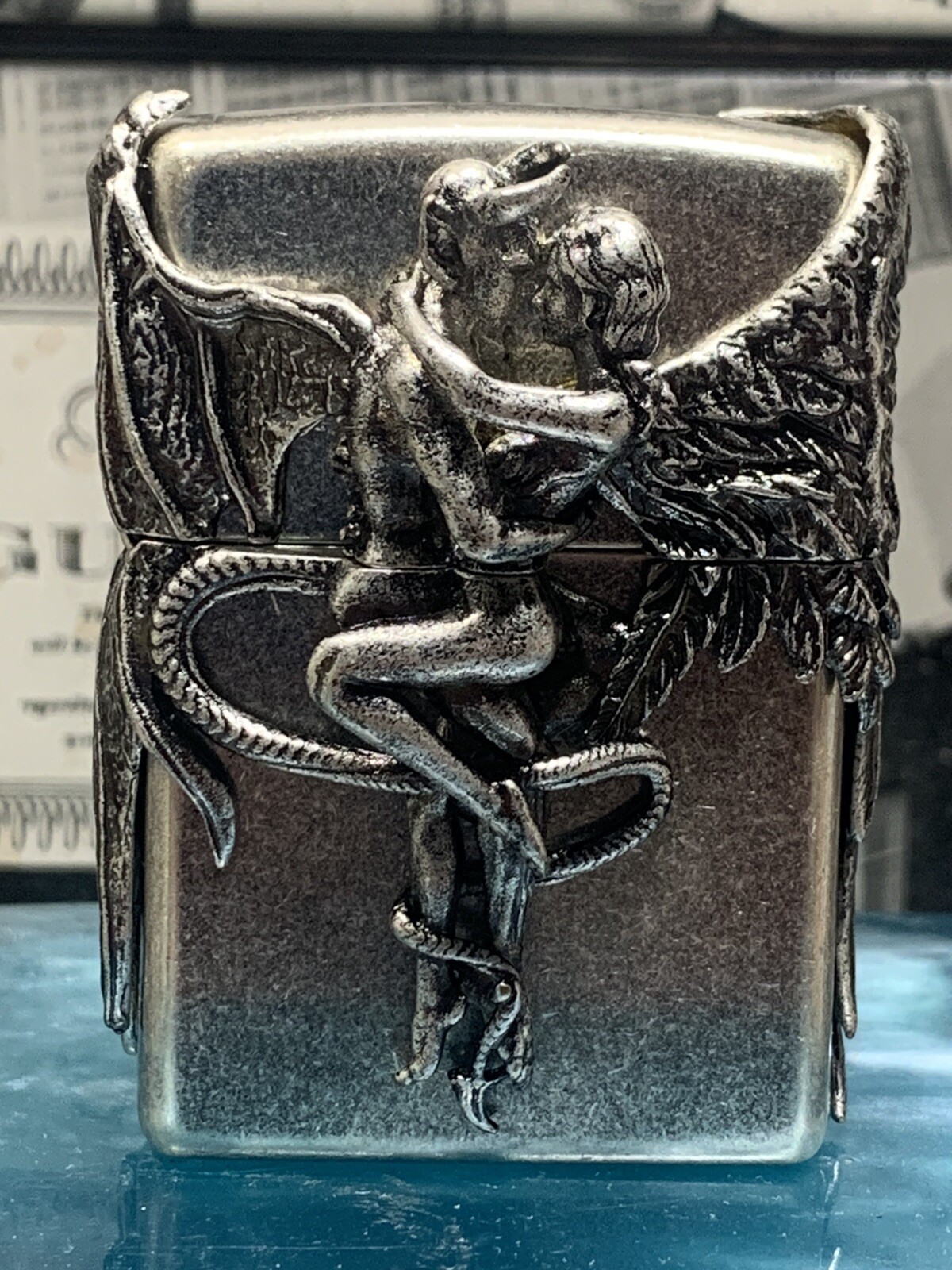 Zippo Angel Devil Wing Antique Silver Heavy Zippo Lighter In Wood box NEW Japan